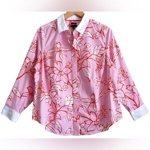 TALBOTS Preppy Business Casual Non-Iron Striped Floral Button Down Shirt Sz 14WP